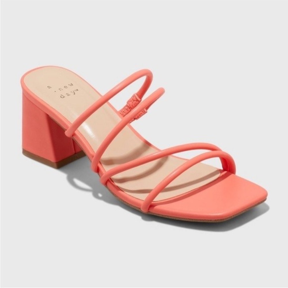 A New Day Women Orange Strappy Block Heel Square Toe Slide Sandals Size 8